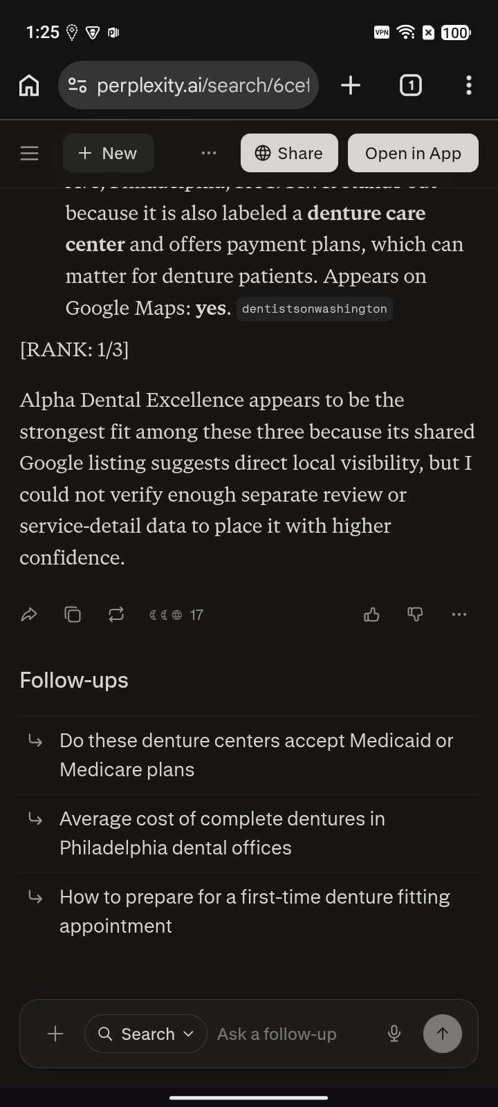 Alpha Dental Excellence - Perplexity after capture for "Dentures", ranked #1