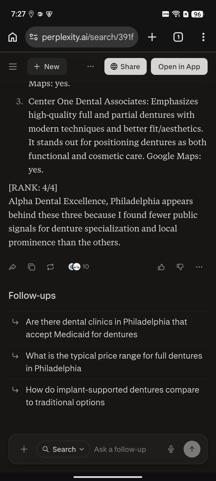 Alpha Dental Excellence - Perplexity before capture for "Dentures", ranked #4