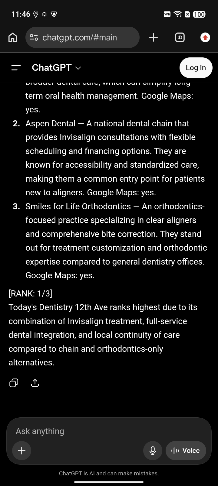 Today's Dentistry 12th Ave - ChatGPT after capture for "Invisalign", ranked #1