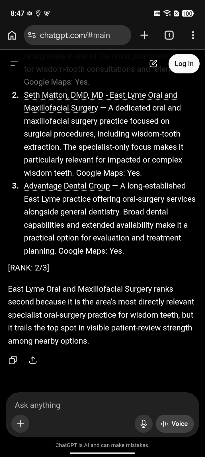 East Lyme Oral and Maxillofacial Surgery - ChatGPT after capture for "Wisdom teeth", ranked #2
