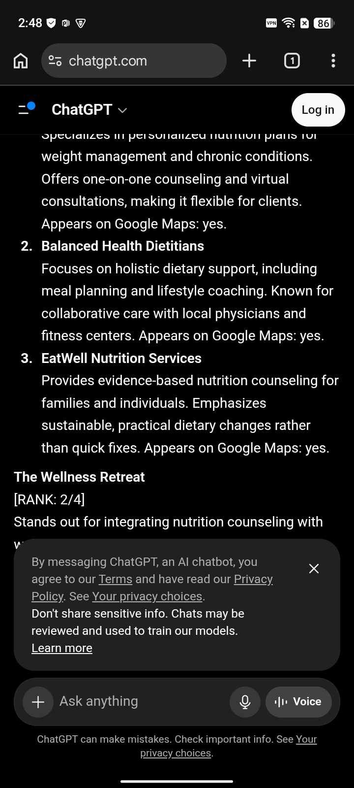 The Wellness Retreat - ChatGPT after capture for "dietitian", ranked #2