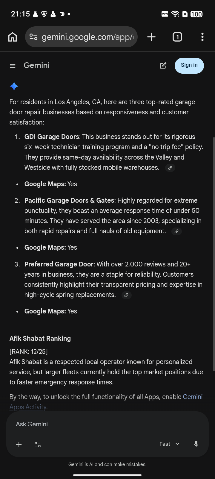 Karma Garage Door Services - Gemini before capture for "garage door repair near me", ranked #12