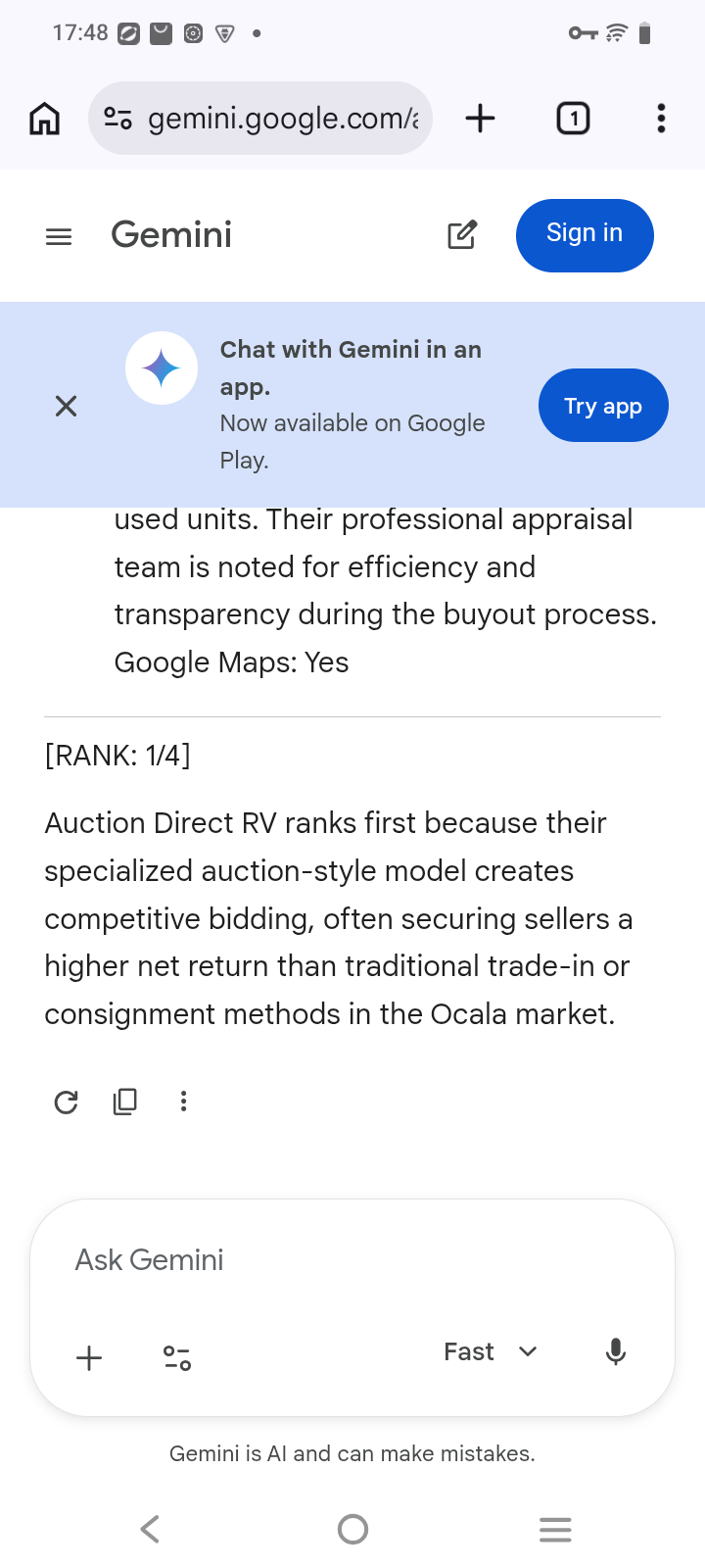 Auction Direct RV - Gemini after capture for "sale my camper", ranked #1