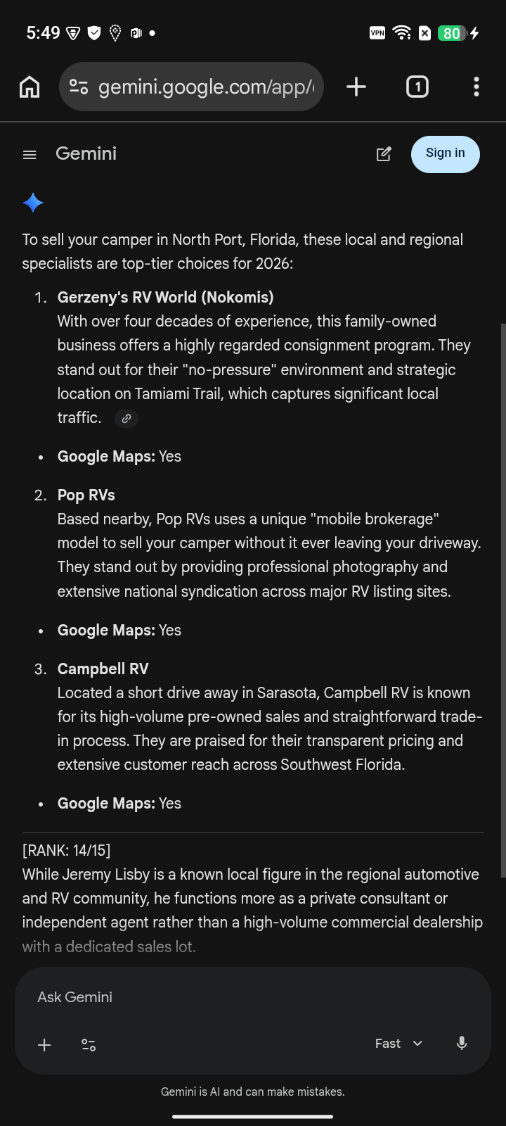 Auction Direct RV - Gemini before capture for "sale my camper", ranked #14