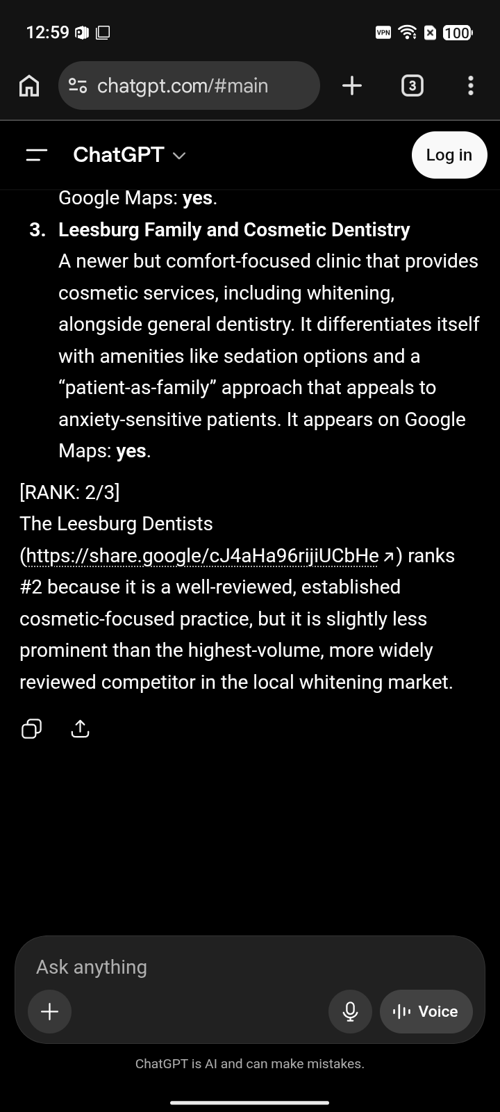 The Leesburg Dentists - ChatGPT after capture for "teeth whitening", ranked #2