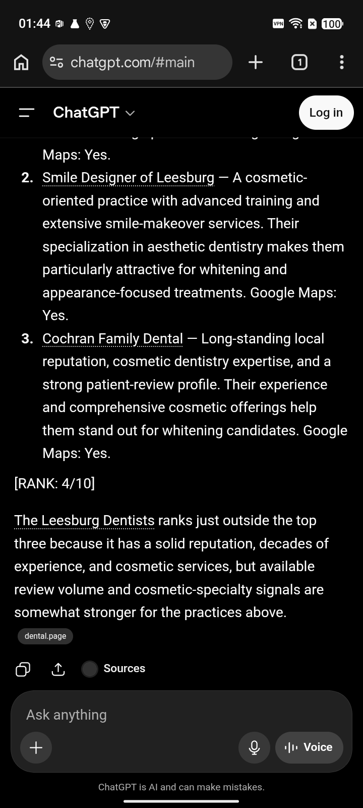 The Leesburg Dentists - ChatGPT before capture for "teeth whitening", ranked #4