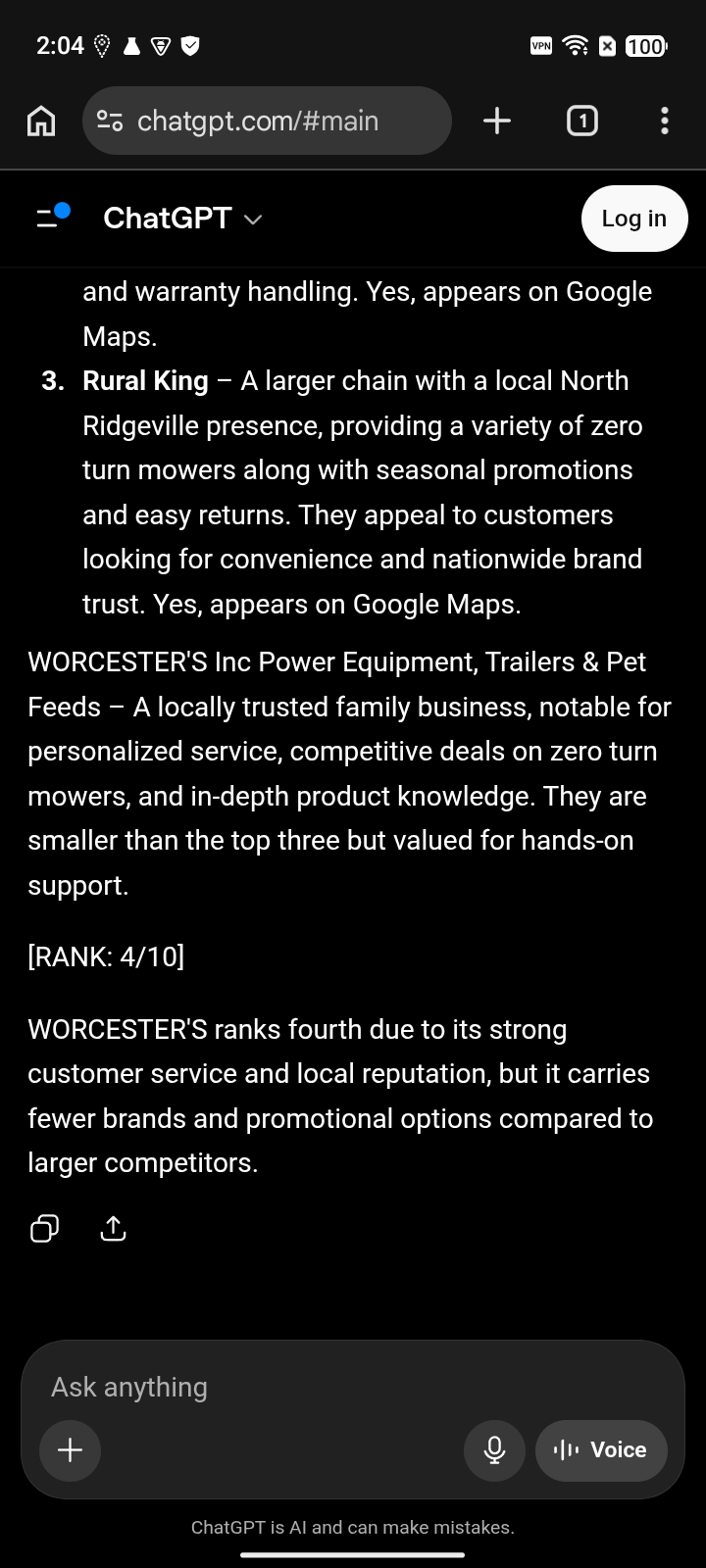 Worcesters Inc Power Equipment - ChatGPT before capture for "zero-turn mower", ranked #4